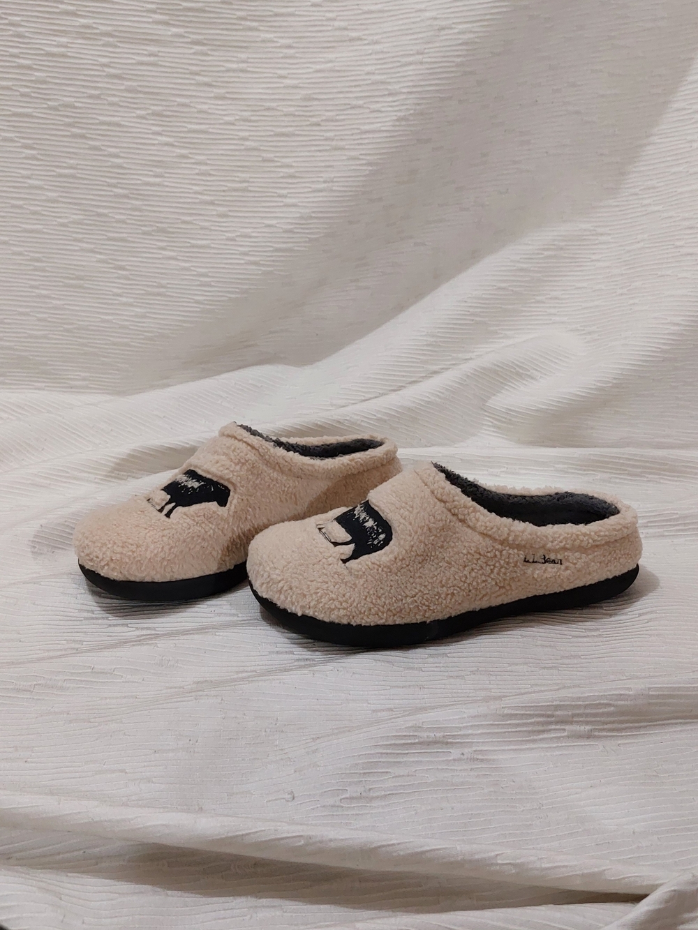 L.L. Bean Beige Sherpa Mule Slippers with Black Sheep Motif